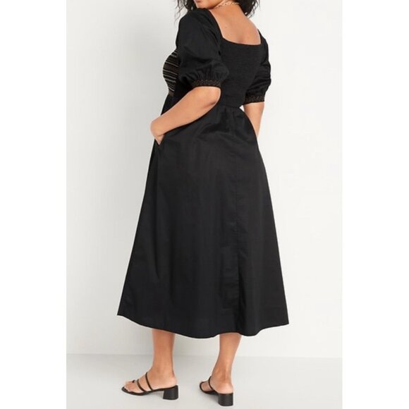 NWOT Old Navy 4X Puff Sleeve Midi Dress Black Smocked with Pockets - Picture 3 of 13